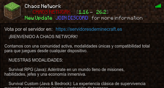 Chaos Network Servidor de Minecraft - ServidoresDeMinecraft.ES