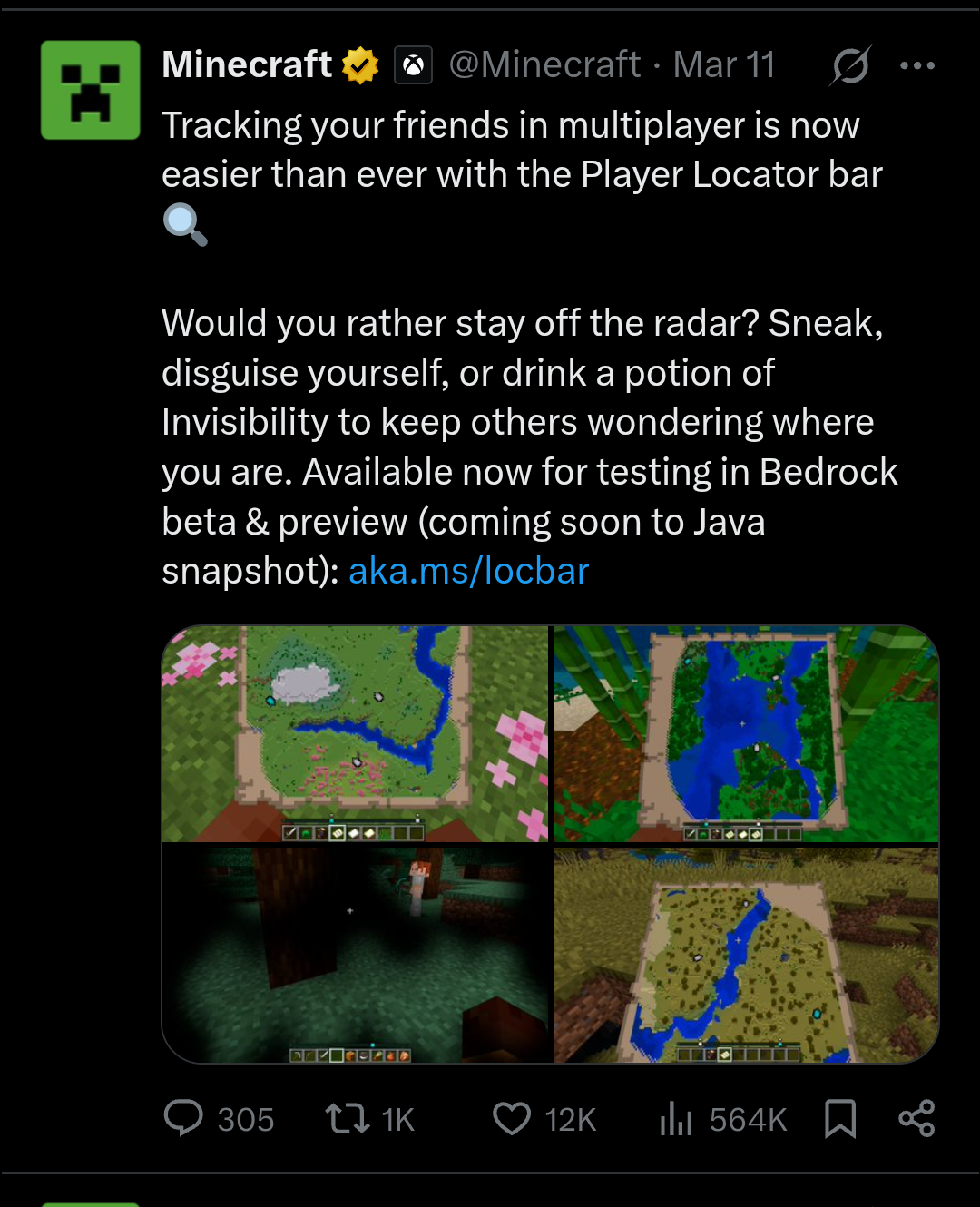 Anuncio sobre esta actualizacion en la cuenta de Twitter oficial de Minecraft